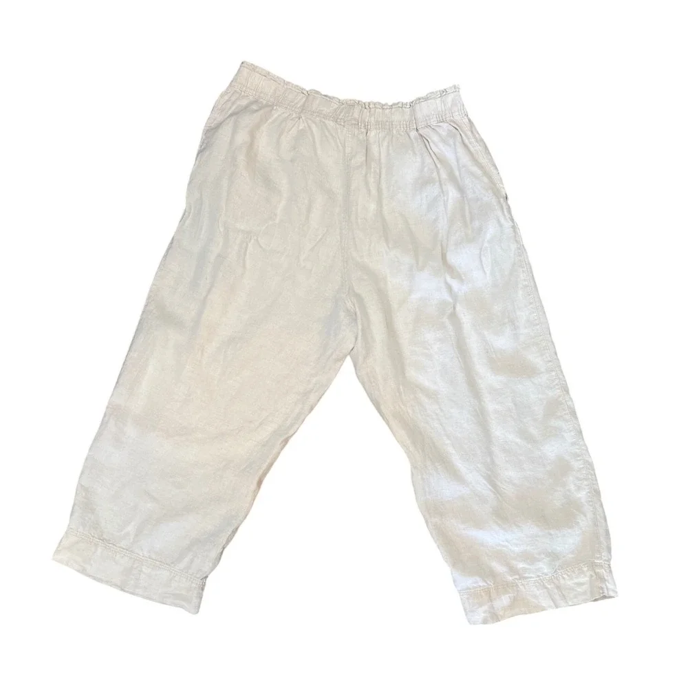 HM Womens XL Beige 100% Linen Wide Leg Cropped Elastic Waist Pants Oatmeal